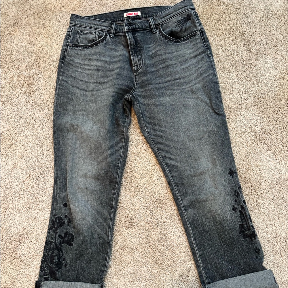 Johnny Was charcoal gray boyfriend jeans